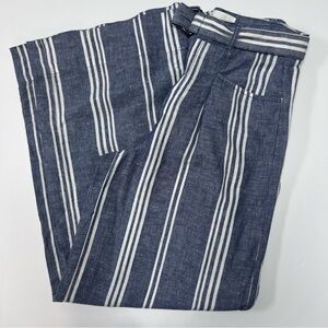Anthropologie Linen Blend Striped Wide Leg Pants Belted Blue White Size 2